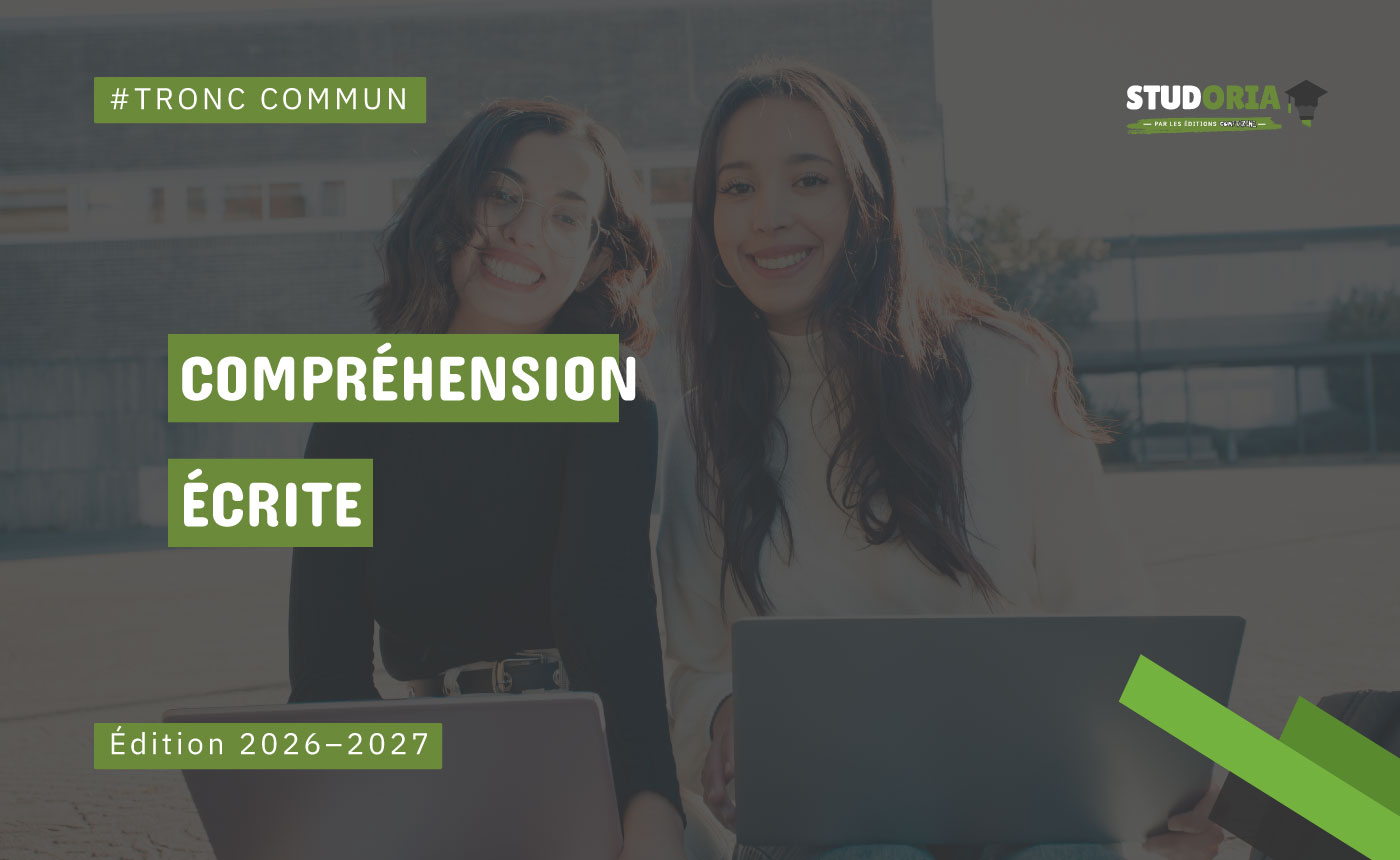 Banner showing two young women with laptops; green text blocks read 'Compréhension Écrite' and 'Édition 2026–2027' (Tronc Commun promo).