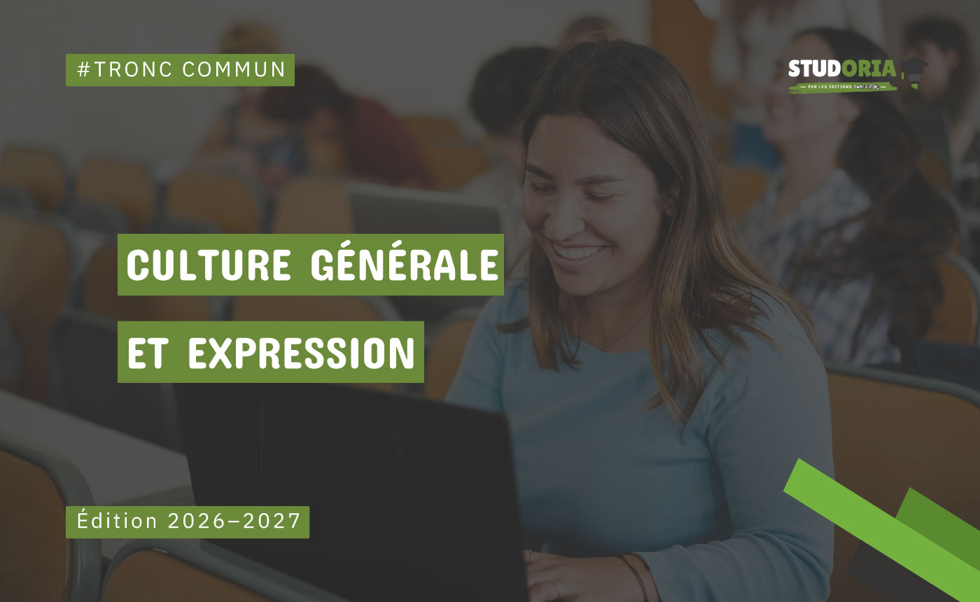 Smiling woman using a laptop in a classroom; large green banners read 'Culture générale et expression' with 'Édition 2026–2027', plus '#TRONC COMMUN' and a StudiOIA logo in the corner.