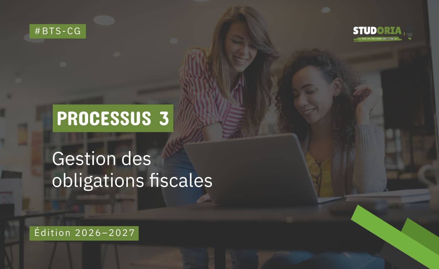 Two women work on a laptop in a library, with a green 'PROCESSUS 3' banner and the title 'Gestion des obligations fiscales' (Édition 2026-2027).